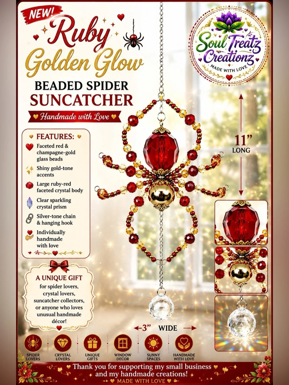 Red & Gold Crystal Beaded Spider Sun Catcher